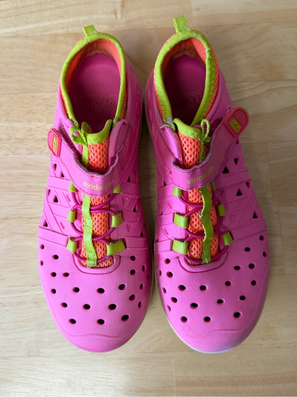 Stride Rite Made2Play Phibian pink water shoes with bright green and orange 3